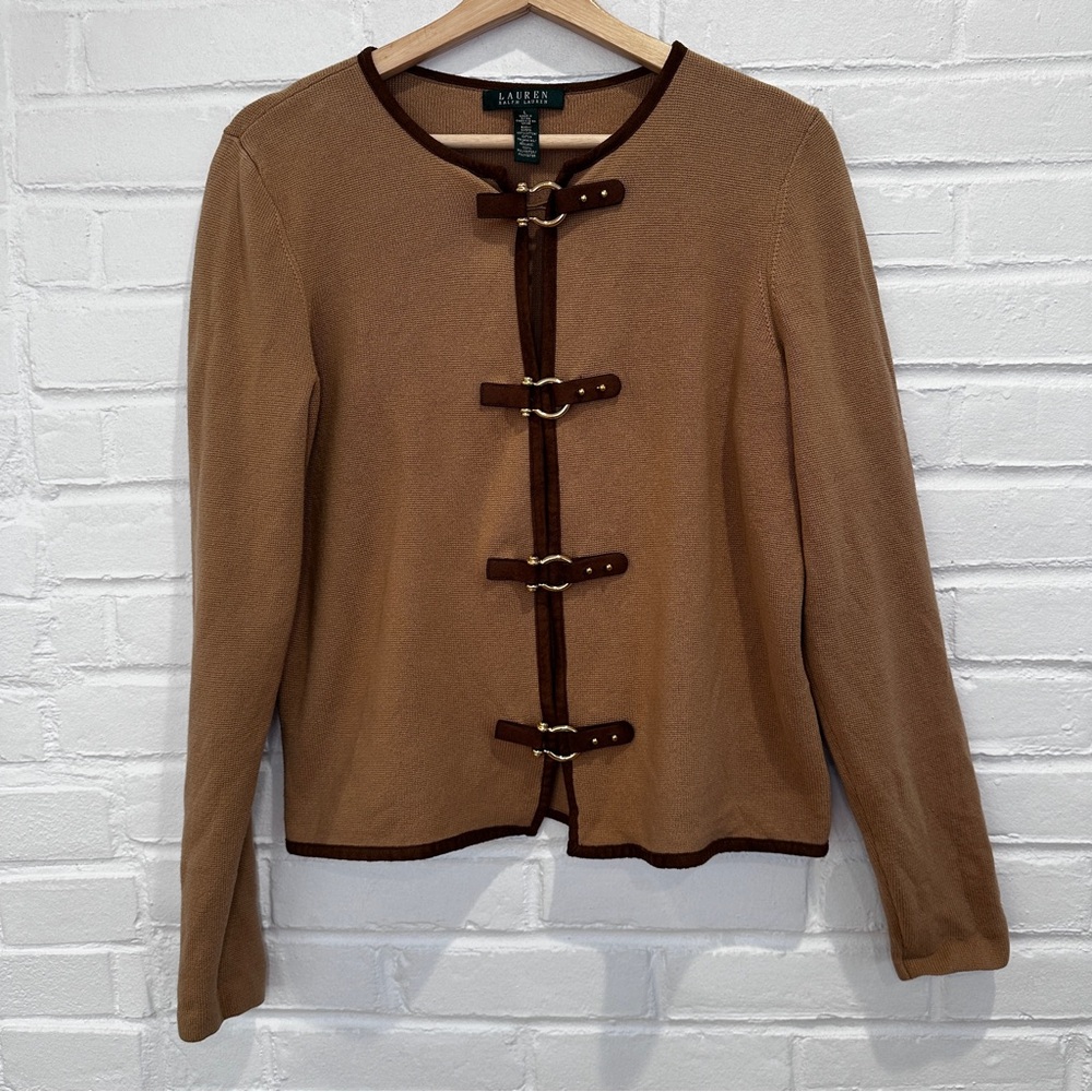 Lauren Ralph Lauren Tan Brown Equestrian Knit Cardigan Sweater Size Large